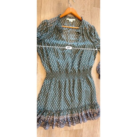 VERONICA BEARD DESTINY PRINTED SMOCKED WAIST V-NECK MINI DRESS IN GREEN SIZE 14 - Picture 9 of 11